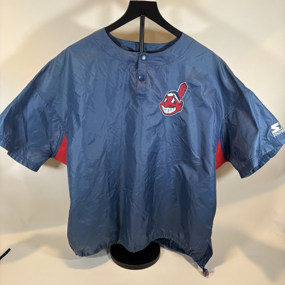 Diamond Starter Warm Up Jacket Men L Blue Chief Wahoo Indians Windbreaker Nylon‎ - Picture 1 of 9